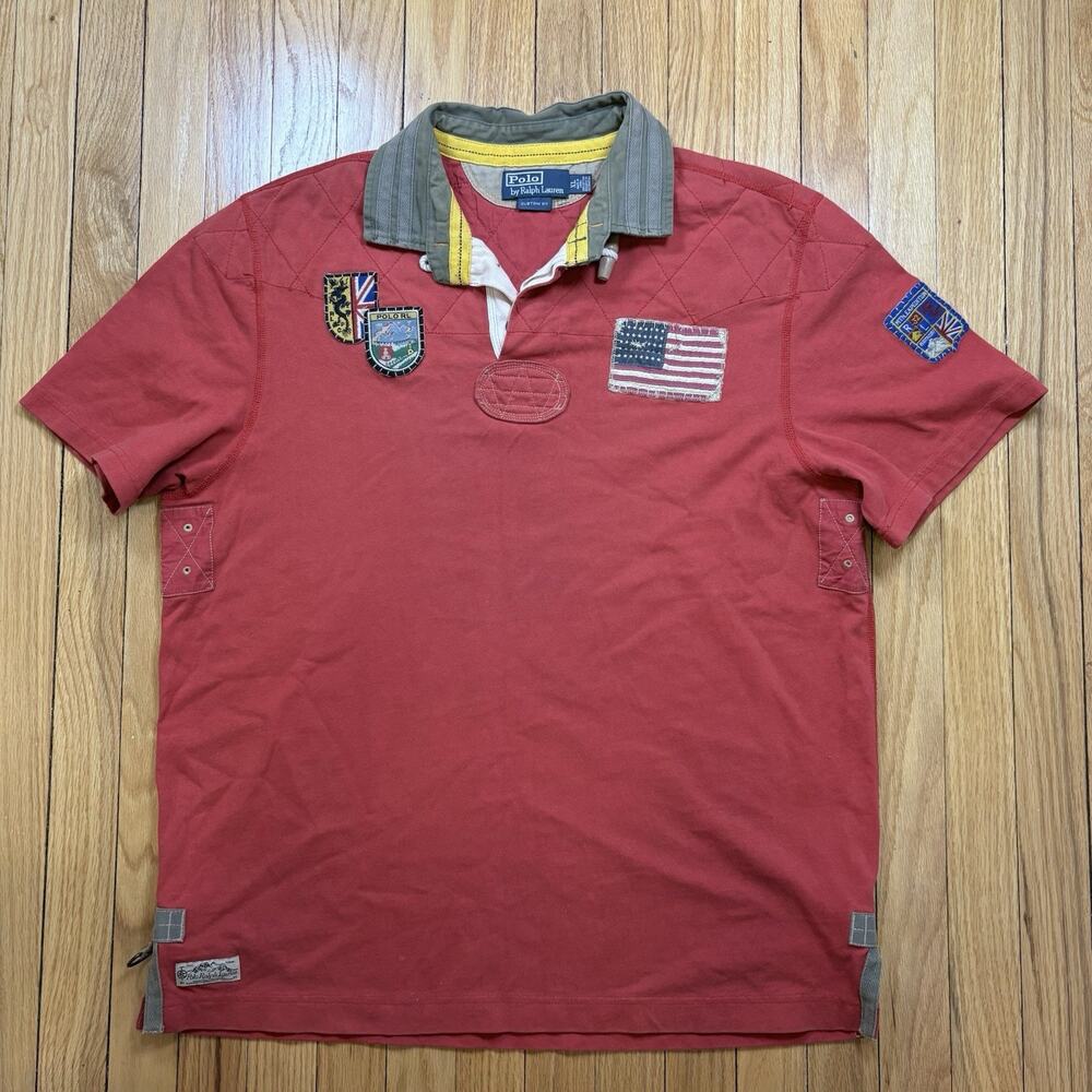 Polo Ralph Lauren XL Mountain Expedition Red Rugby Shirt Patches Flags Outdoor